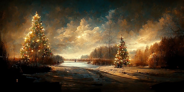 Christmas landscape. Digital illustration. Painting. Beautiful scenario