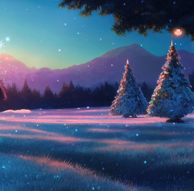 Christmas landscape illustration beautiful winter scenery with christmas trees and snow