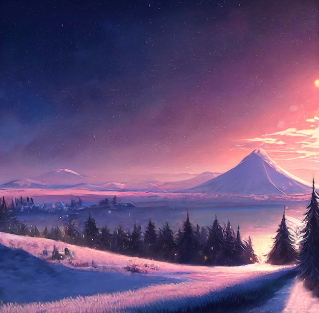 Christmas landscape illustration beautiful winter scenery with christmas trees and snow