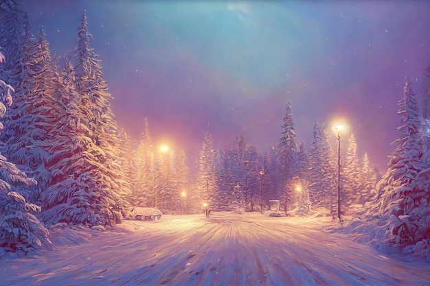 Christmas landscape illustration beautiful winter scenery with christmas trees and snow