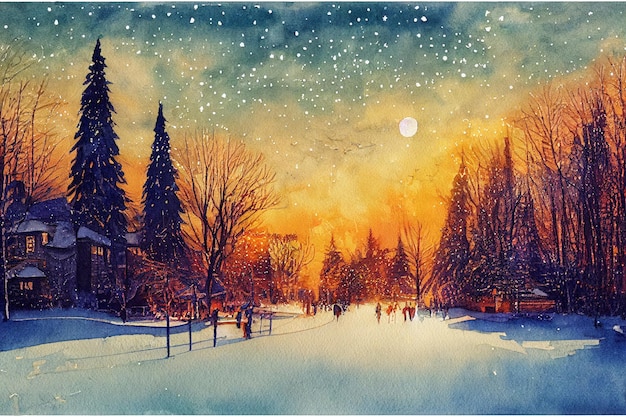 Рождественский пейзаж акварель баннер, снег падает и снежинки фон нижнего колонтитула, счастливого Рождества