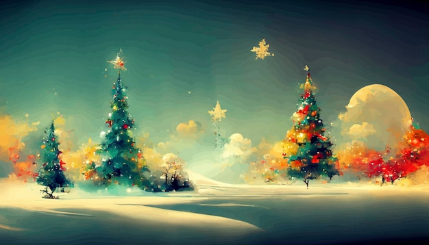 Foto paesaggio di natale con neve e alberi con luci illustrazione del paesaggio di natale