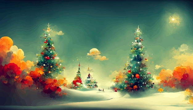 Christmas landscape with snow and trees with lights christmas landscape illustration