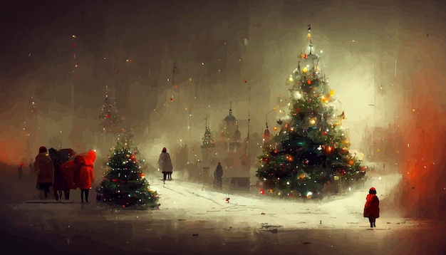 Christmas landscape with snow and trees with lights christmas landscape illustration