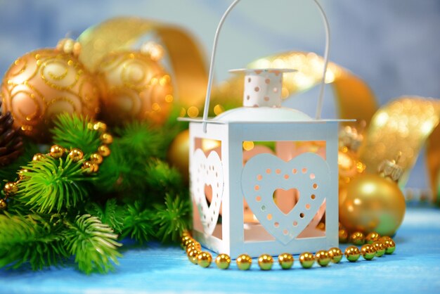 christmas lantern, fir tree and decorations