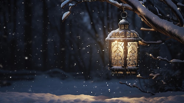 Christmas lantern Glowing lamp against the backdrop of a winter forest and falling snow