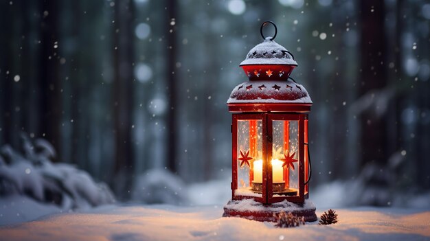 Фото Рождественский фонарь в снегу на фоне зимнего леса