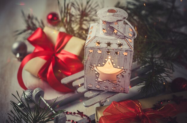 Christmas lantern. Magic lightning background.