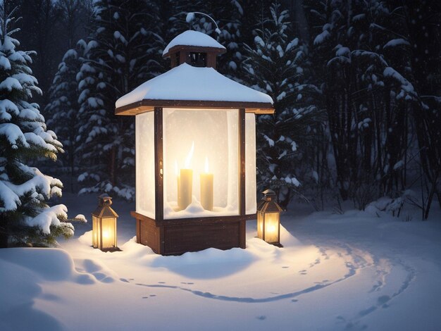 Christmas lantern in night with snow and fir