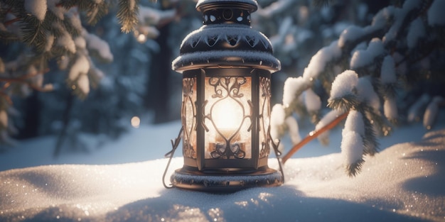 Foto lanterna di natale sulla neve creata con tecnologia ai generativa