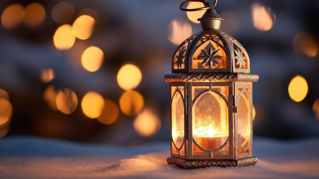 Christmas lantern on snow with bokeh background