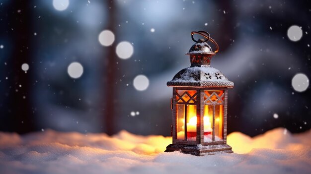 Christmas lantern on snow with bokeh background