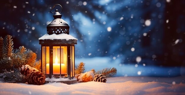 Рождественский фонарь на снегу с еловой ветвью в вечерней сцене Генеративный ИИ