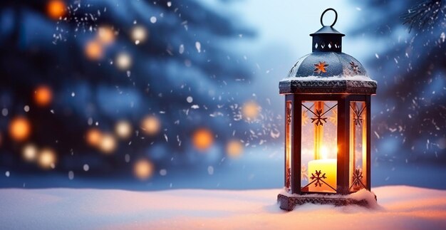 Christmas Lantern On Snow With Fir Branch In Evening Scene Generative AI