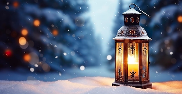 Рождественский фонарь на снегу с еловой веткой в вечерней сцене Генеративный AI