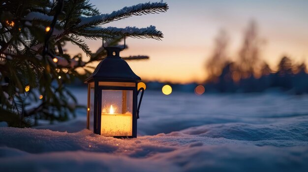 Рождественский фонарь на снегу с еловой ветвью в вечерней сцене
