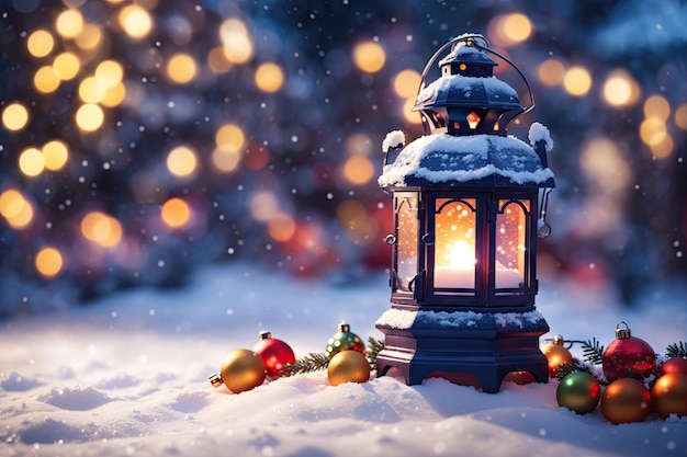 Christmas Lantern On Snow With Fir Branch In Evening Scene