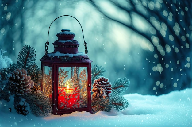 夜のシーンでモミの枝と雪の上のクリスマス ランタン