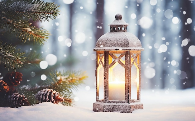Photo christmas lantern on snow with fir branch holiday background
