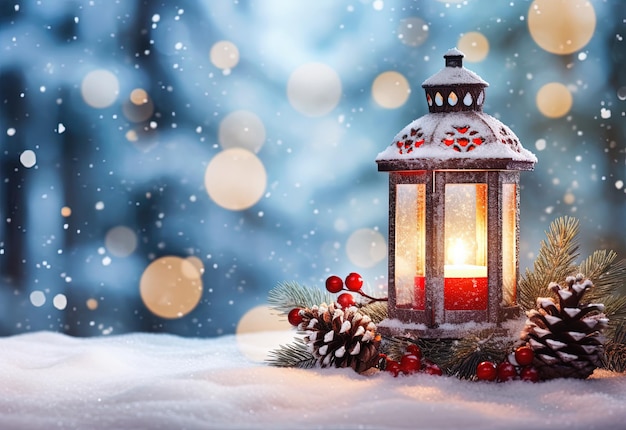 Christmas lantern on snow with fir branch