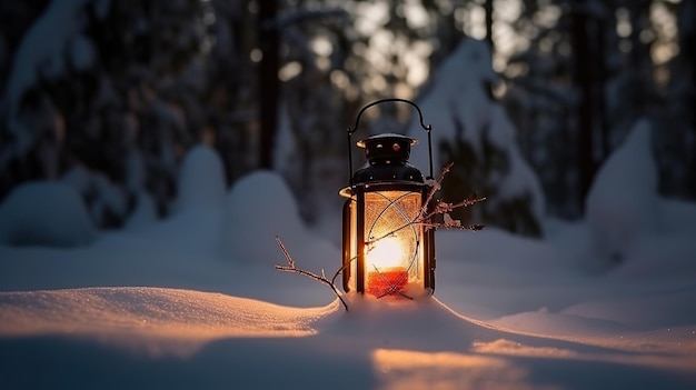 Christmas lantern on snow with holy berries