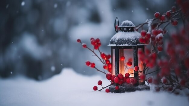 Foto lanterna di natale sulla neve con bacche sante