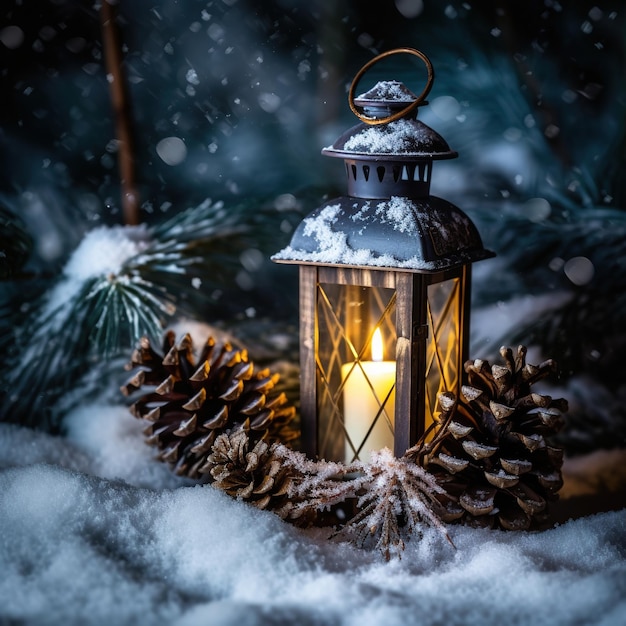 Christmas Lantern On Snow With Snowman Wintry Landscape Fir Branch In Evening SceneAi generated