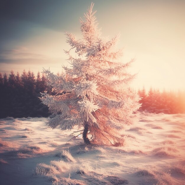 雪だるまの冬の風景モミの枝と雪の上のクリスマス ランタン夕方のシーンAi が生成