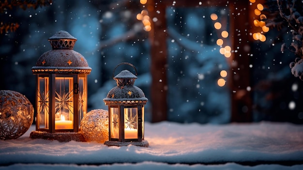 Christmas Lantern in snow with winter forest background Winter decoration background with christmas lights