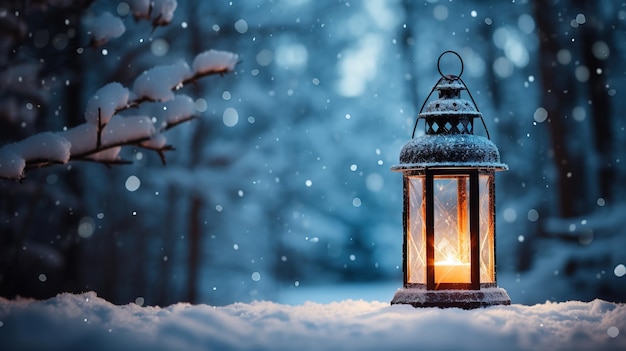 Christmas Lantern in snow with winter forest background