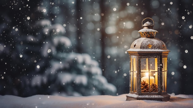 Christmas Lantern in snow with winter forest background