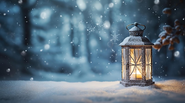 Foto lanterna di natale nella neve sullo sfondo della foresta invernale