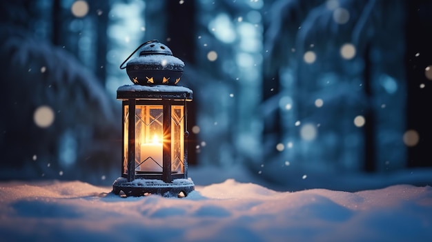 Christmas Lantern in snow with winter forest background