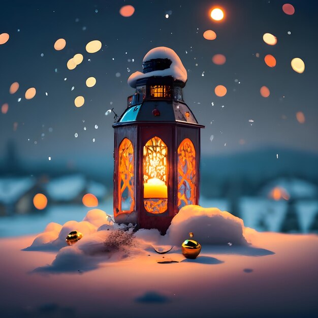 Christmas lantern in snow with winter forest ideogramai
