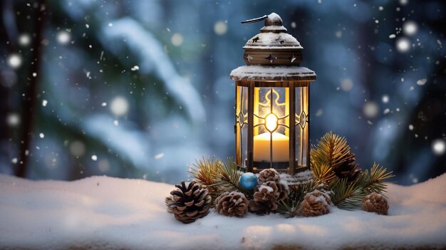 Foto lanterne natalizie decorazioni innevate ai generate illustrazione di sfondo natalizio su sfondo bianco