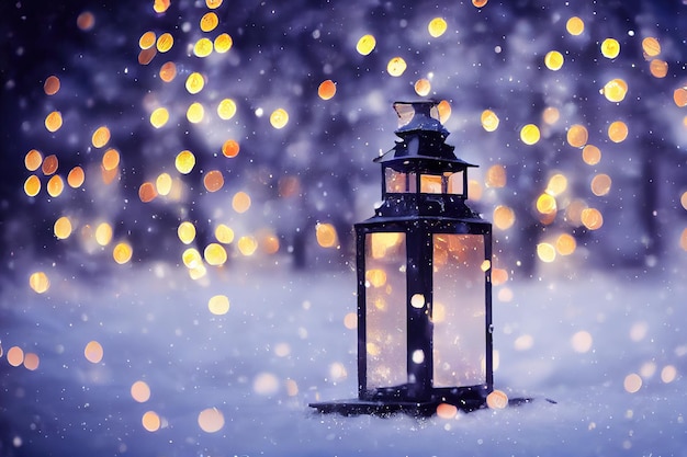 Christmas lantern with fir branch and decoration on snowy table  defocused background generative ai