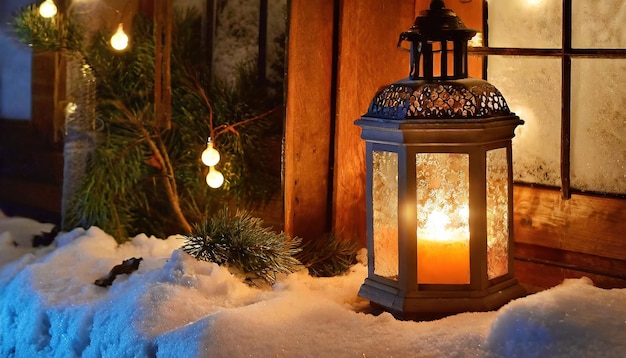 рождественский фонарь с еловой веткой и украшением на заснеженном фоне