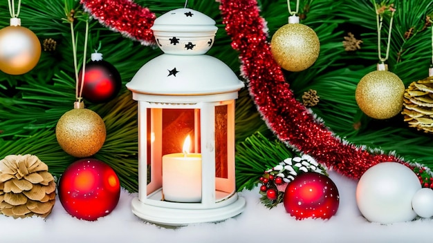 Christmas lantern with snowfall hanging on a fir branch