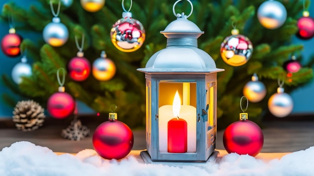 Christmas lantern with snowfall hanging on a fir branch