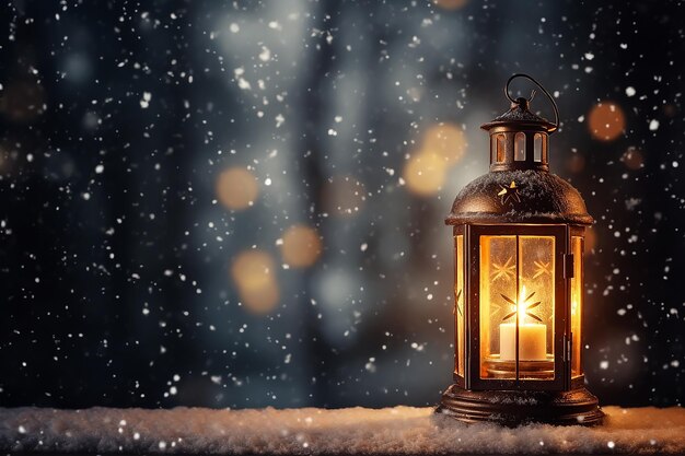 Photo christmas lantern on wooden table and snowfall