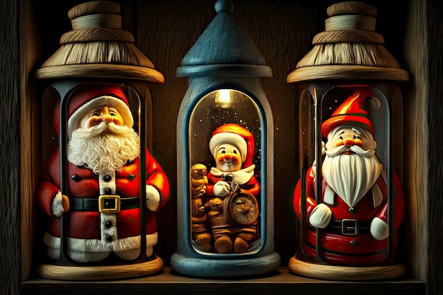 Christmas lanterns on window in form of toys and santa claus figures created with generative ai