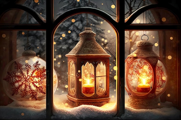 Christmas lanterns on window with snowflakes and christmas tree created with generative ai