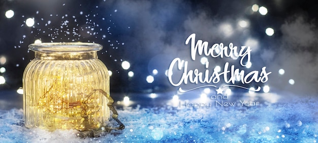 Photo christmas lighting in the jar, christmas and new year holidays background, winter season.