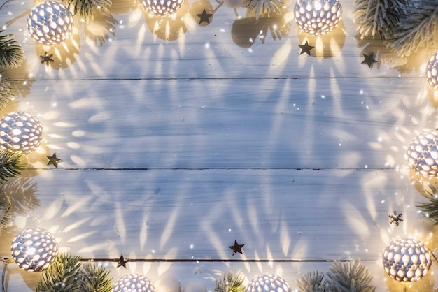 Christmas lighting. Top view, flat lay, copy space.