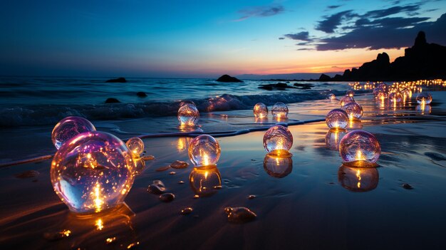 Photo christmas lights on the beach at sunset baltic sea