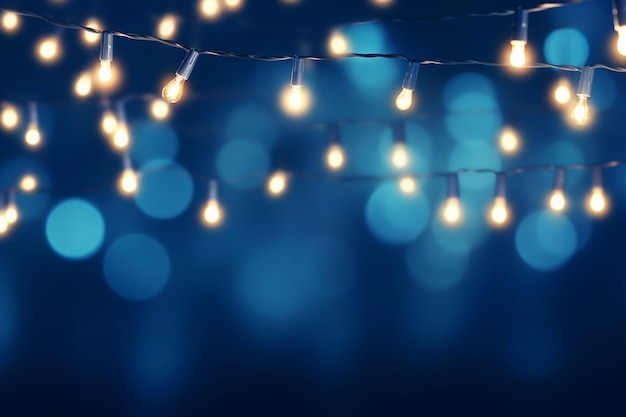 Christmas lights on blue background with copy space