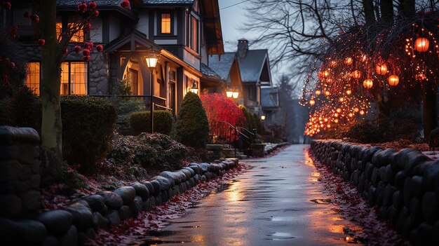 Christmas Lights by the Sidewalk in the Style of Nostalgia