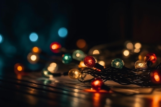暗い背景のクローズ アップのクリスマス ライトのお祝いの装飾の概念