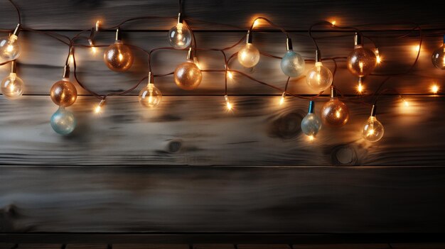 Christmas lights on dark wooden background New Year and Xmas concept