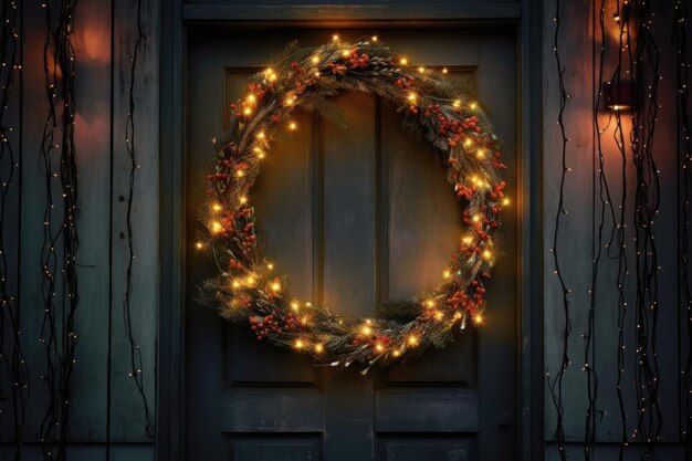 생성 AI로 만들어진 문에 매달린 장식된 꽃받침에 있는 크리스마스 불빛